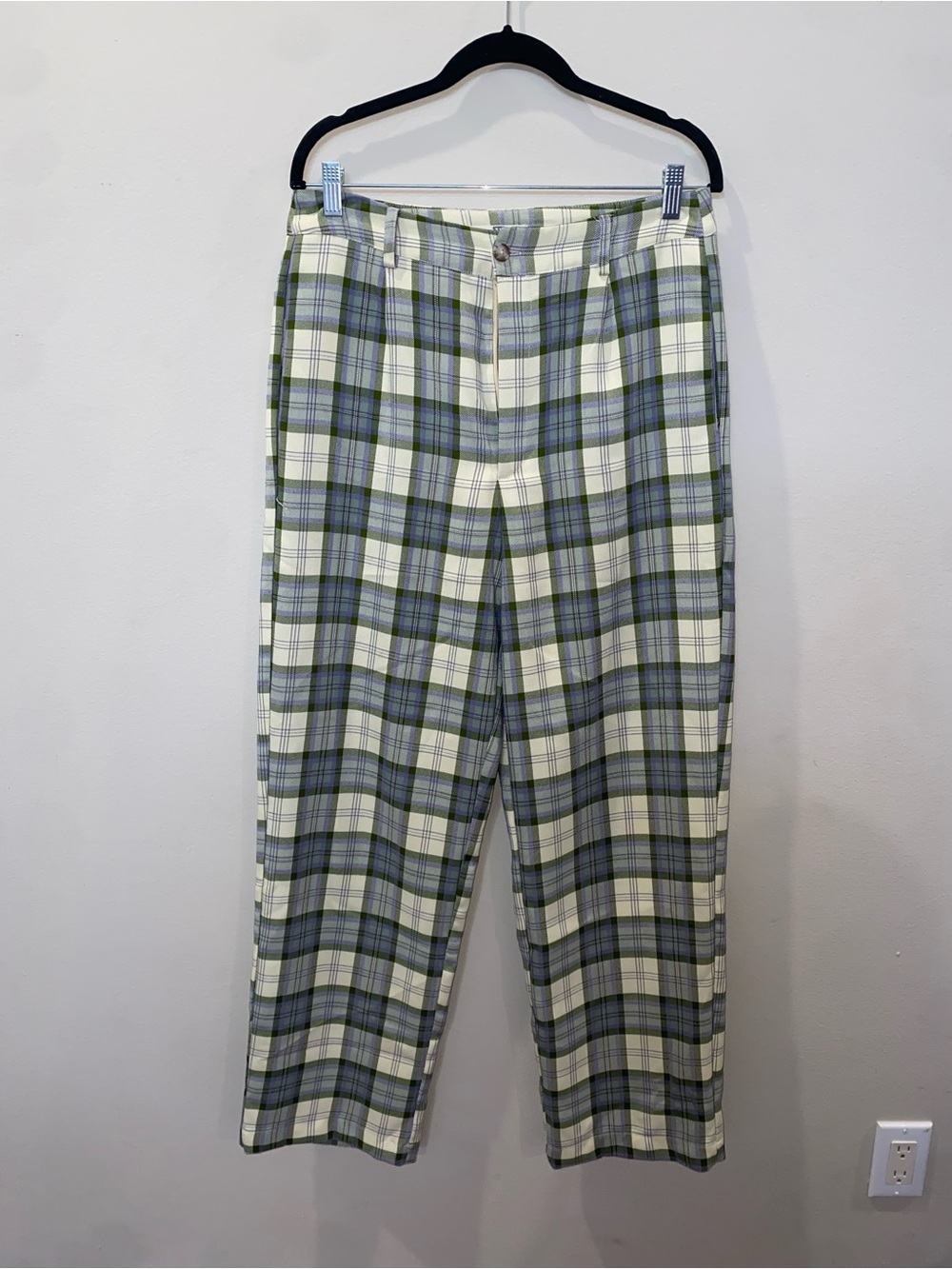 STR Plaid Straight-Leg Trousers in Green, Lavender, and Cream